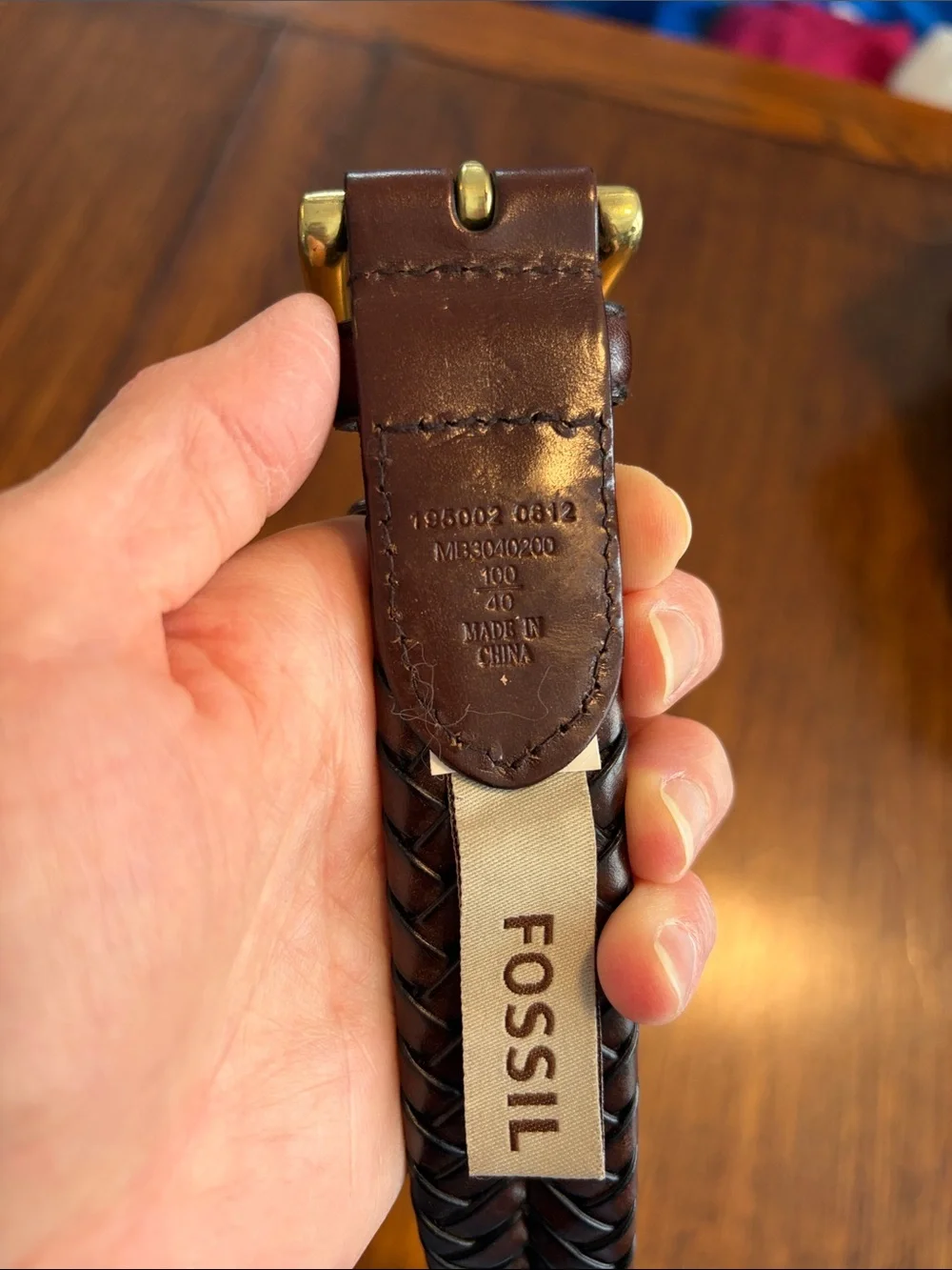 Fossil Brown Braided Leather Belt Brass Buckle 40